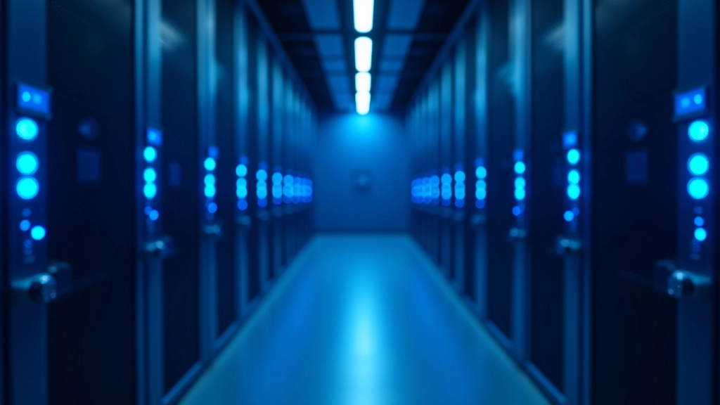 Rechenzentrum mit Serverreihen, blaues Licht von LED-Anzeigen, modernes Datencenter-Equipment