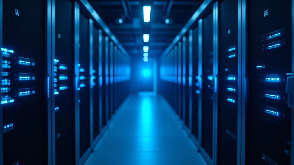 Glasfaserkabel und Netzwerk-Server in Rechenzentrum, blaue LED-Lichter, technische Infrastruktur