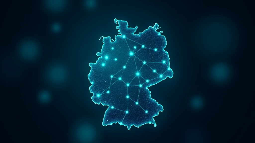 Digitale Karte Deutschlands mit leuchtenden Verbindungspunkten, Datenfluss-Visualisierung in blauer und grüner Farbe, moderne Netzwerk-Grafik