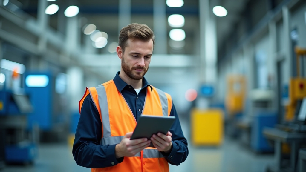 Nahaufnahme eines Fabrikarbeiters, der ein Tablet mit Produktionsdaten überprüft, moderne Maschinerie im Hintergrund