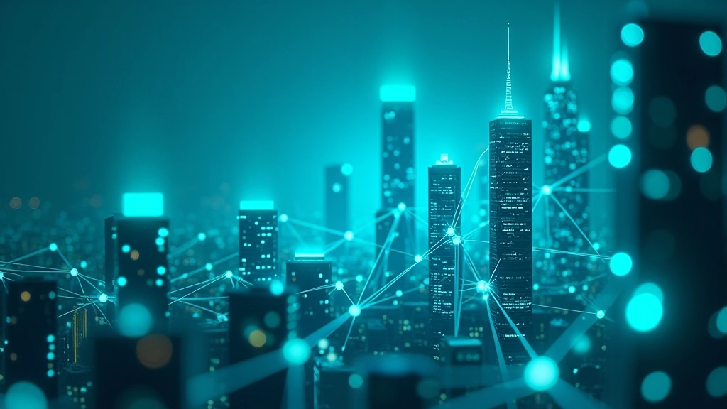 Futuristische Illustration von vernetzten Städten mit Datenfluss, Glasfaser-Verbindungen zwischen Gebäuden, moderne digitale Vernetzung