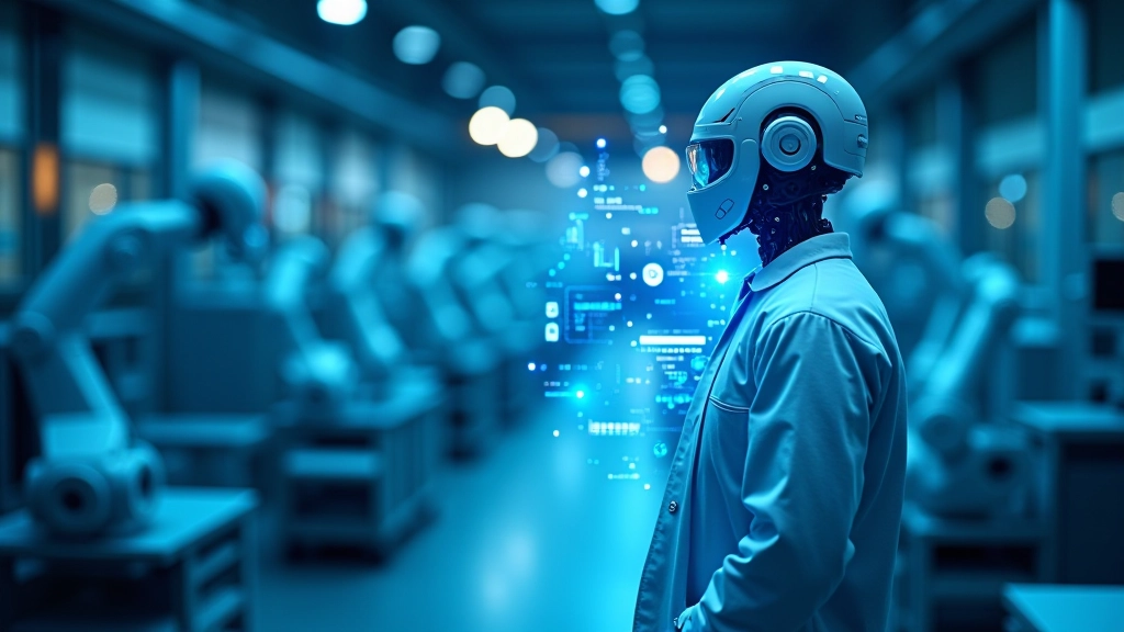 Zukunftsgerichtete Fabrik mit holografischen Displays und AR-Schnittstellen, futuristische Produktionslinie mit Robotern