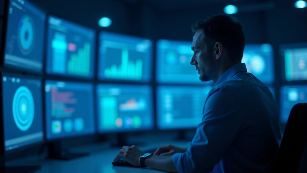 IT-Sicherheitszentrum mit mehreren Monitoren, die Netzwerkdaten und Sicherheitswarnungen anzeigen, professionelles Umfeld