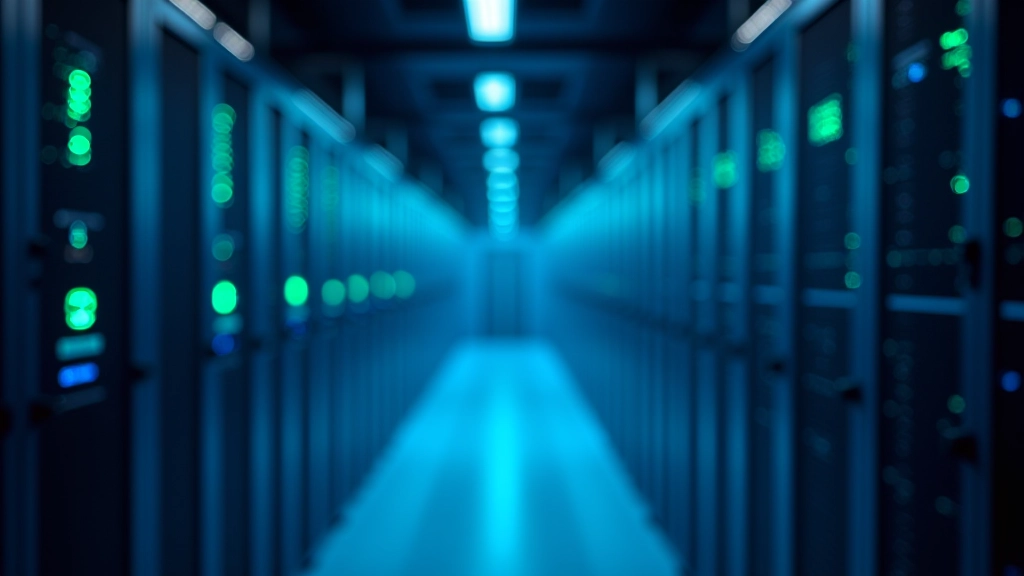 Großes modernes Rechenzentrum mit Serverreihen, Kühlsystemen, grüne und blaue Lichter, professionelle Infrastruktur