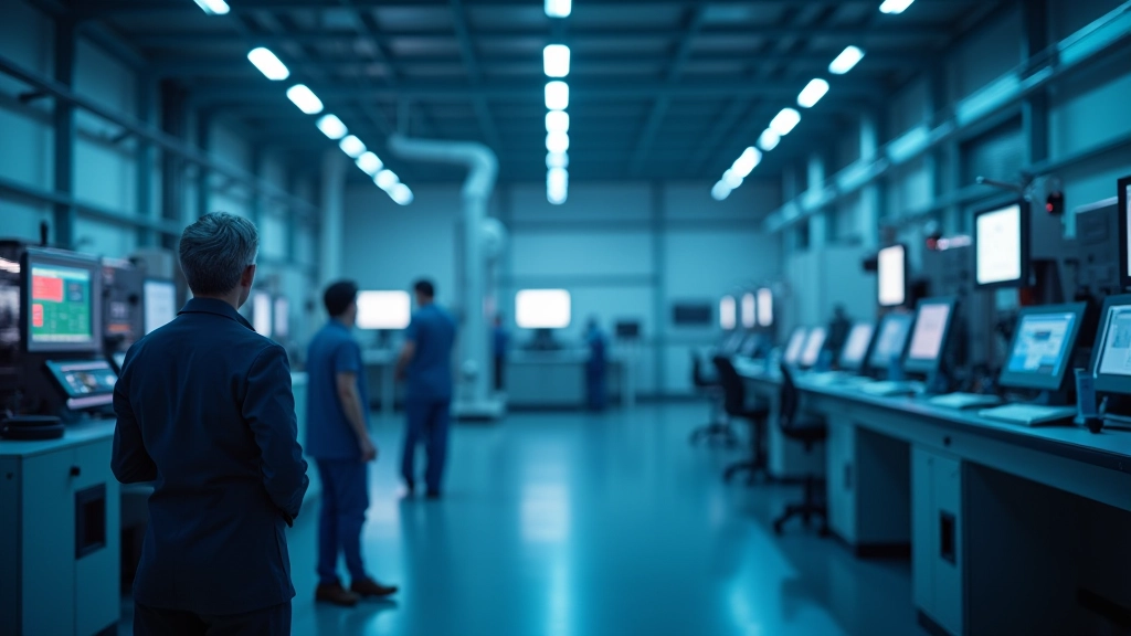 Fertigungshalle mit modernen Robotern und automatisierten Produktionslinien, leuchtende Steuerungspanels