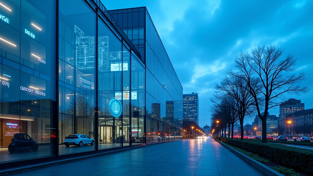 Modernes Bürogebäude mit Glasfassade, digitale Displays und Lichter, urbane Skyline im Hintergrund