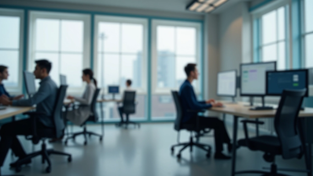 Modernes Büro mit mehreren Computerarbeitsplätzen, Mitarbeiter bei der Arbeit an technischen Projekten, helles natürliches Licht