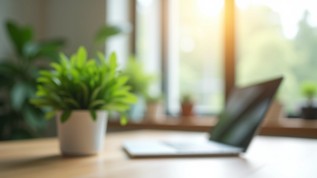 Nachhaltige Zukunft mit Pflanzen und Technologie, grüne Büropflanze neben Laptop, ökologisches Workspace-Design