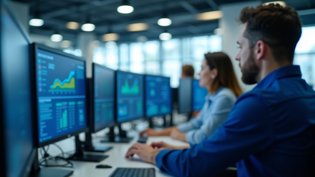 Modernes Büro mit Computern und digitalen Displays, Mitarbeiter arbeiten an Schreibtischen mit Technologie