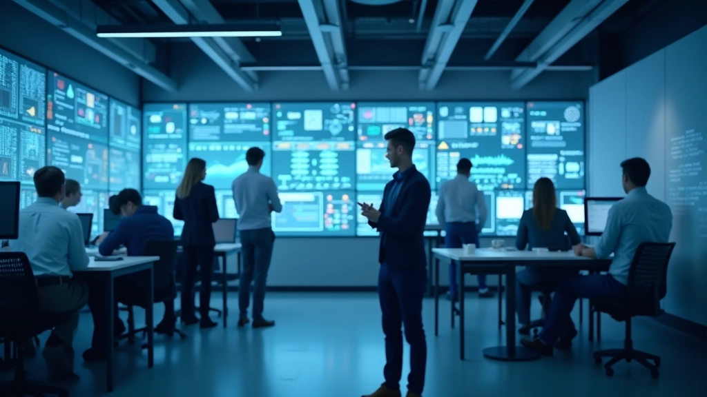 Modernes Technologie-Innovationszentrum mit digitalen Displays und Teamarbeit