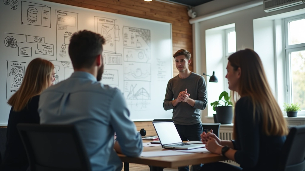 Startup-Büro mit jungen Unternehmern, Whiteboards mit Ideen, moderne Arbeitsumgebung