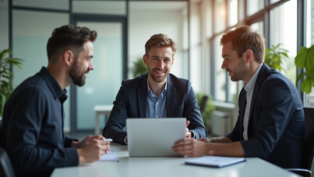 Moderne Startup-Gründer im Brainstorming-Meeting, bunte Post-its an Wand, Laptop und Notizbücher auf Tisch