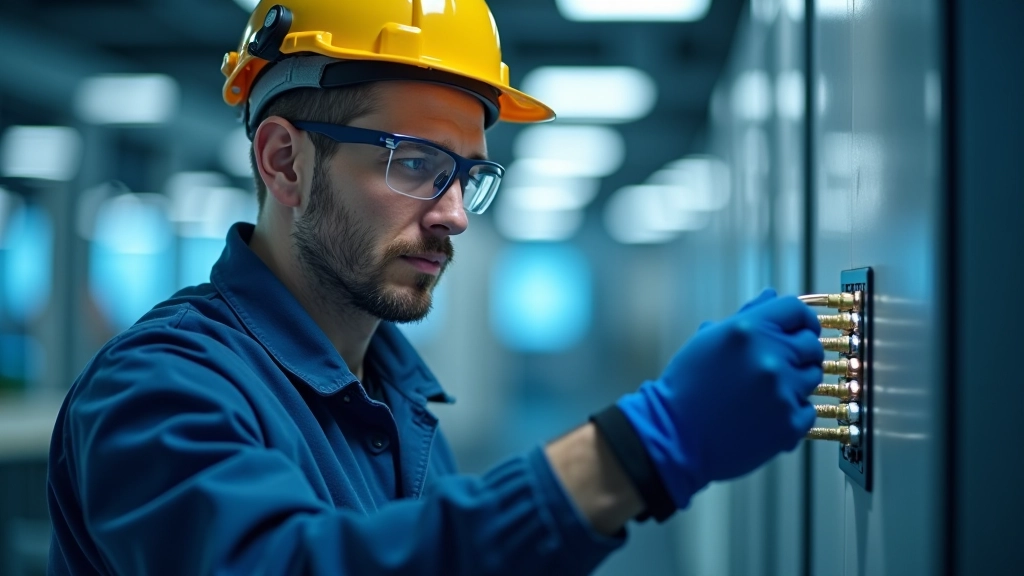 Techniker installiert Glasfaserkabel in modernem Bürogebäude, professionelle Arbeitskleidung, konzentrierter Blick