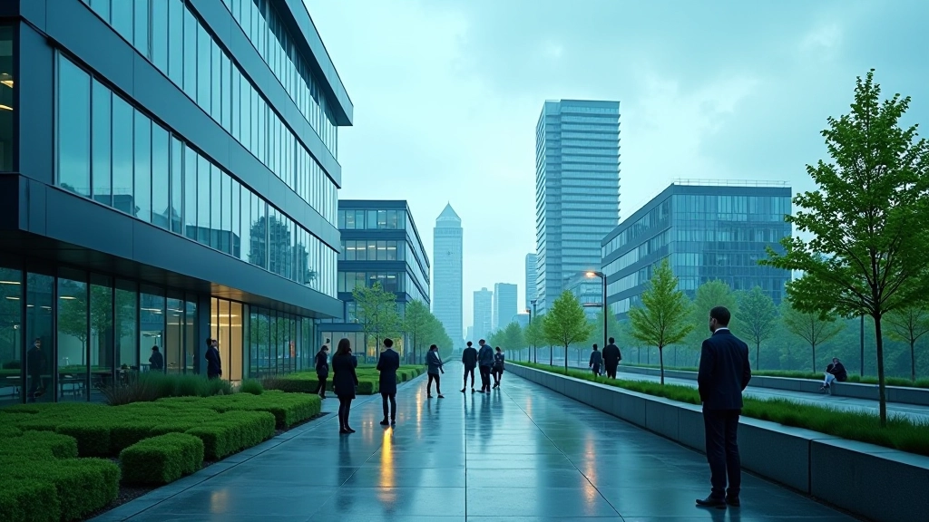 Technologie-Campus mit modernen Gebäuden, Mitarbeiter beim Brainstorming, grüne Umgebung und digitale Displays